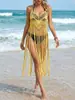Vestido de Praia Transfronteiriço Roupas Femininas Europeias e Americanas Patchwork de Lantejoulas Vestido de Alça Crochê à Mão Cobertura de Biquíni Longa com Franjas para Mulheres