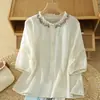 342 Conjunto#Cânhamo Algodão Linho Conjunto Completo Mulher Verão Camisa de Linho Calça de Perna Larga Casual Roupa de Mãe Conjunto de Duas Peças