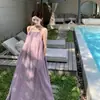 Vestido Longo Roxo Violeta de Zhou Miao com Decote U, Detalhes Franzidos e um Caimento Elegante Solto Estilo Francês para Mulheres