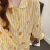 Pijama Listrado Amarelo Estilo Japonês Fofo de Ursinho para Mulheres, Conjunto de Duas Peças com Manga Longa e Calça Longa para Primavera/Outono, Roupa para Dormitório Estudantil e Casa
