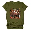 Camiseta feminina da Amazon Wish, transfronteiriça europeia e americana, de caimento solto, com estampas de bezerro de três cabeças, abóbora em carroça e folha de bordo, gola redonda, mangas curtas