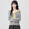 Chal de Color Contrastante Falso Dos Piezas Tejido de Manga Larga para Mujer Primavera y Otoño 2025 Nuevo Otoño Estilo Preppy Top de Cuello V de Color Contrastante