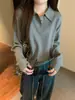 [Suéter de punto con hilo lavado y núcleo] Suéter de punto estilo coreano con cuello polo, corte holgado para mujer, otoño/invierno, capa base casual, corte holgado