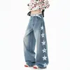 Jeans estilo americano com estampa de estrela lateral, perna curva, unissex, casual de alta rua para o outono, comprimento total, modelagem solta, calça wide leg lavada