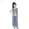 Conjunto de tres piezas de mezclilla para niña de otoño, nuevo estilo coreano 2026, con pantalones de pierna ancha volantes, para niñas y adolescentes