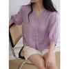 Rami Lyocell Natural Ar Condicionado ~ V Collar Sete Manga Camisa Francesa Top Mulheres Xia Xin T0516C