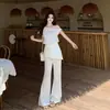 Conjunto de Dos Piezas para Tallas Grandes de Chica Gordita: Top Corto Asimétrico de un Solo Hombro + Pantalones de Micro Campana Irregulares Elegantes Reductores que Cubren los Glúteos