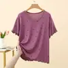 Camiseta Feminina Manga Curta Estampa de Estrelas em Modal Verão Solta Tamanho Grande Gola Redonda Versátil Afinando Camisa Camada Base Fina