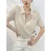 Suéter de Punto con Cuello Solapa y Media Cremallera Cut-Out Estilo Old Money Duoble Z para Mujer, Top Transpirable de Lino de Manga Corta para Verano