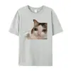 Camiseta de Algodón Talla Europea 2025 Verano Gato Triste Le Gustas Camiseta de Cuello Redondo Unisex Corte Holgado Negro