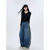 Jeans retro americanos de rayas lavados con dobladillo curvo para mujer, modernos y versátiles, nuevos pantalones holgados de pierna recta acampanados de pierna ancha