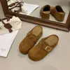 Cinto de Couro Retrô Solado Grosso 2026 Chinelos Preguiçosos Pessoa Baixa Slip-on Aumento Interno Bico Fechado Meio Chinelo Feminino Nova Fivela