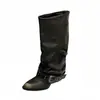 Botas largas de punta con tacón de bloque para mujer, botas tipo pantalón plisado para mujeres petite, botas de montar hasta la rodilla