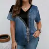 2026 Nova Roupa Feminina Transfronteiriça de Verão Camiseta de Manga Curta com Decote V Estampa Jeans Top Casual Solto Emagrecedor para Mulheres