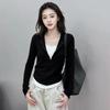 Primavera y Otoño Nuevo Estilo Coreano Ropa Exterior Adelgazante y Elegante Diseño de Manga Larga Camiseta para Mujer Estilo Cremallera Top Falso de Dos Piezas