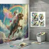 Cortina de Ducha Divertida de Dinosaurio y Unicornio Juego de Cuatro Piezas Alpaca Espacial Impresión Digital Cortina de Ducha Impermeable para Baño y Alfombrilla de Piso