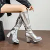 Botas altas cuadradas transfronterizas de otoño e invierno, color liso, cremallera lateral, botas versátiles para mujer, plataforma impermeable, tacón alto, talla grande, botas de moda de comercio exterior