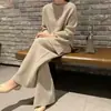 Conjunto de Dos Piezas para Mujer: Suéter de Punto con Abertura Lateral de Otoño e Invierno, Top de Punto Versátil con Caída, Pantalones de Pierna Ancha