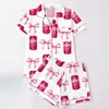 Conjunto de Pijama Cardigan Rosa de Seda Leite Transfronteiriço Europeu e Americano para Mulheres, Shorts de Manga Curta, Roupa de Casa Confortável e Respirável Conjunto Casual