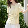 Camisa Amarela de Linho Texturizado de Manga Curta para Mulheres Verão 2025 Design com Cordão Look Emagrecedor Camisa Top Elegante
