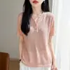 Nova Camisa Base T-shirt Tricotada de Manga Curta Feminina Cor Sólida Tencel Linho Bainha Dobrada Decote V de Alta Costura Pronta para Vestir Primavera/Verão 2026