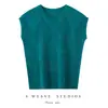 Suéter de Punto Redondo de Hilo de Papel Japonés Nuevo Primavera/Verano con Mangas Cortas Volantes, Camiseta Top de Color Sólido con Calado de Diamantes