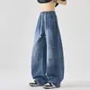 Jeans masculinos de verão da moda estilo rua americano, corte solto com cordão, perna reta versátil, perna larga, calças curvas
