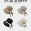 Sombrero de Sol con Lunares y Lazos para Primavera y Verano para Mujer, Sombrero de Pescador Plegable de Lino con Ala Ancha, Estilo Japonés Versátil para Primavera y Verano