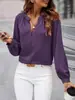 Bestseller Transfronteiriço Europeu e Americano Elegante Camisa Feminina Gola Meio Aberta Cor Sólida Solta Manga Longa Nicho Simples Versátil Top