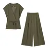 Ropa Europea y Americana para Mujer Transfronteriza 2025 Nuevo Otoño Top sin Mangas Recto con Cuello en V y Corbata de Lazo + Pantalones Mezclados
