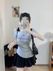 Camiseta chic de estilo coreano con lunares y pedrería, de hombros descubiertos y manga corta para mujer, top de verano ajustado de manga corta con lazo en los hombros