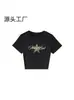 Camiseta Negra de Cuello Redondo, Hombro Normal, Manga Corta para Mujer, Diseño de Estampado de Estrella y Leopardo Estilo Americano, Top Ajustado y Favorecedor