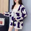 Foto Real de Chaqueta Suéter Tejida para Mujer Otoño e Invierno Nuevo Estilo Cárdigan Grueso de Largo Medio Cuello en V Estilo Holgazán Top Suelto a la Moda