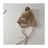 Sombrero de Punto con Orejeras de Bola de Piel con Cordones Estilo Coreano Otoño e Invierno para Niños y Niñas, Sencillo Cálido y a Prueba de Frío de Lana, Versátil