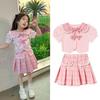 Conjunto de Saia Fofa de Estilo Coreano para Crianças Grandes Verão Novo Estilo Camisa Moderna com Gola de Boneca Saia de Manga Curta Conjunto de Duas Peças