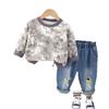 Suéter infantil de desenho animado com estampa total de dinossauro, conjunto de manga longa 2024, novo, jeans casual para meninos, conjunto de duas peças, outono