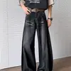 Calça jeans larga estilo retro americano com detalhes de bigode de gato em preto e cinza, calça solta para o início do outono, estilo reto unissex, versátil e moderna