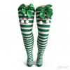 Calcetines Rayados de Navidad hasta la Rodilla con Lazo y Pompón para Mujer, Combinación de Colores Rojo y Verde, Decoración de Papá Noel, Cosplay para Fiesta