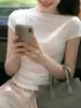 Camiseta de punto de manga corta sin hombros de moda nicho estilo francés para mujer, nuevo diseño de verano ajustado, top versátil de moda