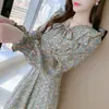 Vestido Largo de Encaje Floral con Volantes Estilo Francés con Cordones para Mujer Otoño Transfronterizo Cintura Ceñida Lazo Línea A