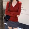 Tiro Real # Suéter de Manga Larga con Solapa Verde Retro en el Hombro Derecho para Mujer en Otoño Camiseta Básica Adelgazante