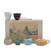 Juego de Té de Cinco Hornos Famosos para el Hogar Lujo Ligero Juego de Té Kung Fu Cerámica Cultural y Creativa de Mil Millas Logo de Regalo de Acompañamiento