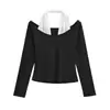 Camiseta Elegante de Dos Piezas Falsas con Hombros Descubiertos y Mangas Largas Estilo Coreano para Mujer, Nueva Colección Primavera 2026, Top Base Ajustado Adelgazante
