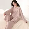 Pijama de primavera y otoño para mujer, algodón elástico, casual, se puede usar afuera, cárdigan con cuello de solapa, ropa de casa de manga larga, traje fino de otoño