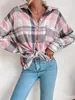Camisa de Manga Larga Rosa a Cuadros para Mujer, Nueva Moda Otoño e Invierno Transfronteriza Temu