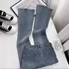 Pantalones de Mezclilla Micro Oscuros para Mujer de Cintura Alta Verano Finos 2024 Nueva Llegada Pequeños de Nueve Puntos Sueltos de Moda de Campana
