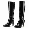 Botas Altas de Cuero Patentado con Tiras Cruzadas para Otoño Invierno Punta Redonda Suela de Goma Tacón Alto Talla Grande Botas de Mujer Tacón de Aguja Comercio Exterior Versátiles Botas de Montar
