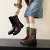 Moda Femenina Estilo Motociclista 2026 Otoño/Invierno Nuevas Botas Cortas de Punta Redonda con Tacón Grueso de Tacón Medio Botas de Moda Patchwork