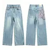 Jeans Europeu e Americano Feminino Transfronteiriço com Bordado de Flor de Cerejeira, Calça Wide Leg, Estilo Vintage Lavado, Jeans Soltinho, Moda de Rua