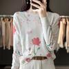 Novedad Primavera y Otoño Lana Peinada Soluble en Agua Seda de Morera Estampado de Moda Cuello Redondo Manga Larga Tejido Holgado Camisa Base Superior